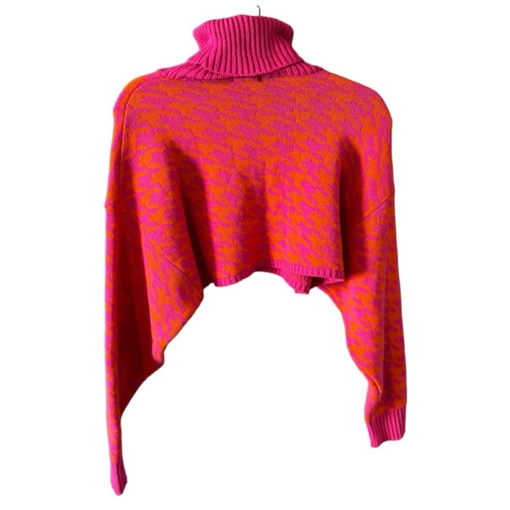 Nasty Gal women’s neon pink orange houndstooth cropped turtleneck sweater small - Picture 2 of 4